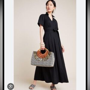 Maeve Anthropologie Janae Black Shirt Maxi Dress with tie 16w